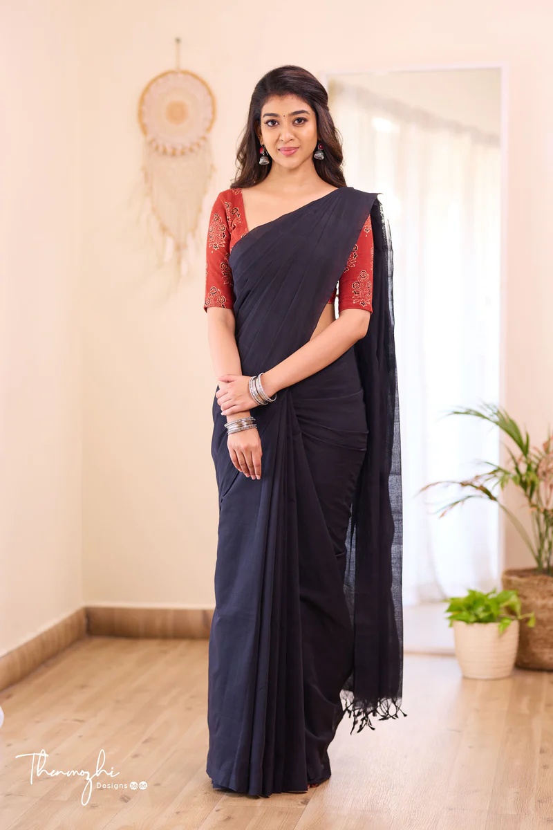 Dazzling Black - Mangalagiri Plain Cotton Saree
